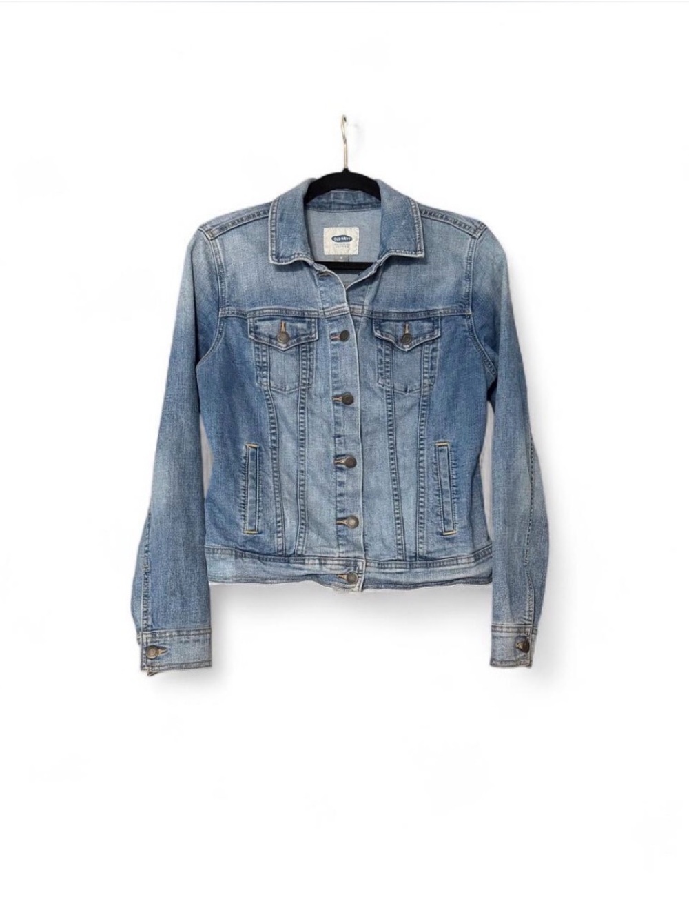 Denim jacket womens medium coat button up light blue white distressed pockets